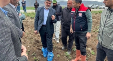 Milletvekili çiftçinin tarlasını ayağında galoşla inceledi