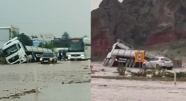 Şiddetli yağış karayolunu felç etti