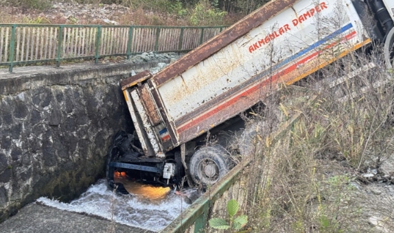 Rize'de kamyon dereye devrildi